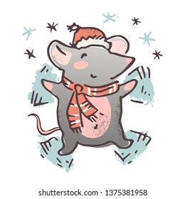 Rat or mouse making snow angel. Cute hand drawn vector character. 2020 year of the rat symbol
