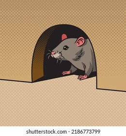 rat mouse peeking out of hole in wall pop art retro vector illustration. Comic book style imitation.