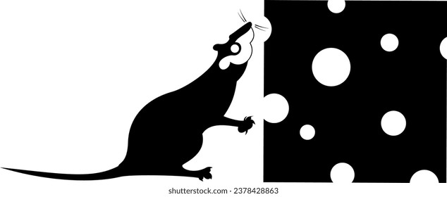 Rat oder Maus mit einem Stück Käse. 
Rat oder Maus mit einem großen Stück Käse. Schwarz auf weißer Illustration
