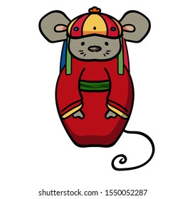 Rat or mouse in the red tang suit. Happy Chinese New Year  Doodle, Vector Illustration in Cartoon style