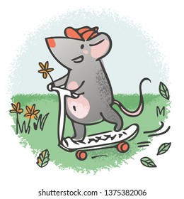 Rat or mouse riding a scooter in the park. Cute hand drawn vector character. 2020 year of the rat symbol