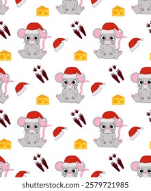 Rat mouse in santa hat vector background. Seamless pattern. Vector Great for packaging, banner, poster, print, textile, festive decoration. Chinese zodiac sign Year of Rat 2032
