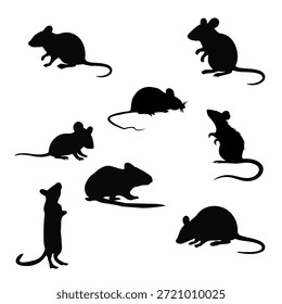 Vetor de silhueta de rato e rato definido em preto sólido com múltiplas poses. Ideal para gráficos de controle de pragas, temas de vida selvagem, educação biológica e uso de design simbólico.