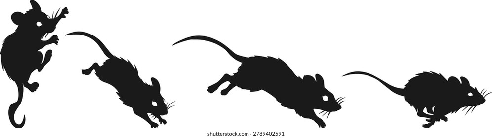 rat and mouse silhouettes illustrating different natural movements. Contains a mouse sneaking through an opening, a cautious rodent keeping watch, a rat creeping quietly on the ground, and a scared mouse running at high speed to escape.