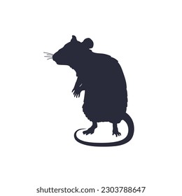 La rata o el ratón se paran en alerta en su ilustración vectorial de silueta negra de patas traseras aislada en fondo blanco. Animales de roedor de rata y forma negra de mascota doméstica.