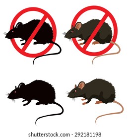 Rat or Mouse Warning Vector Signs. Isolated Rat Editable Under the Red Circle Vector Set.  House Mouse Vector Drawing Home Parasite.