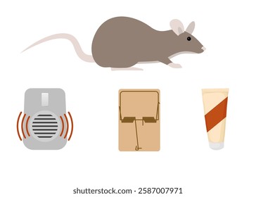 Rat, mousetrap, repellent and rat poison representing pest control