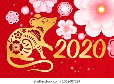 Rat new year 2020 banner. Greeting cars vector background with rat chinese zodiac year symbol and asian paper flowers on red pattern