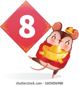 Rat and number eight. Character design of my character. Numbers for chinese style. Chinese New Year 2020. Vector illustration and isolated on a white background.