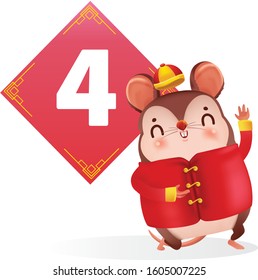 Rat and number four. Character design of my character. Numbers for chinese style. Chinese New Year 2020. Vector illustration and isolated on a white background.
