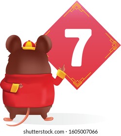 Rat and number seven. Character design of my character. Numbers for chinese style. Chinese New Year 2020. Vector illustration and isolated on a white background.