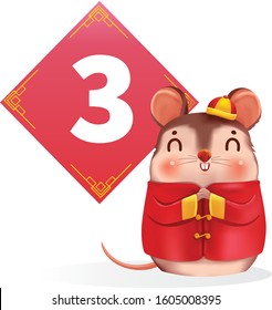 Rat and number three. Character design of my character. Numbers for chinese style. Chinese New Year 2020. Vector illustration and isolated on a white background.