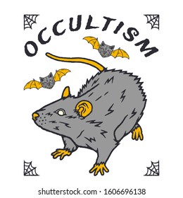 Rat. Occultism. Rat Cartoon Style. Occult Poster with Rat. Esoteric Sign Alchemy. Rat on white background isolated. Stock Vector Illustration. Cartoon style.