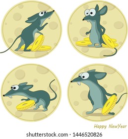 Rat on the cheese keeps the money. Happy New rat Year. Mouse with cheese.