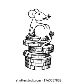 A rat on a gold coins stacked row up. Money symbol. The concept of business, finance, marketing, e-commerce, saving, savings, money investing, planning. Dreams, ideas for the future. Hand drawn vector
