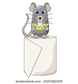 Rat on the toilet paper roll isolated transparent background. Cleaning company poster template design. Simple flat style vector illustration can used social media notebook cover print. EPS 10	