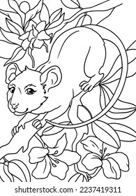 Rat on a tree branch, flowering tree. Children coloring book. Vector.