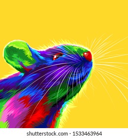 Rat on a yellow background. Symbol of the Chinese New Year 2020. multicolored, bright animal for a card or calendar. vector mouse. Merry Christmas and happy new year greeting card. rodent