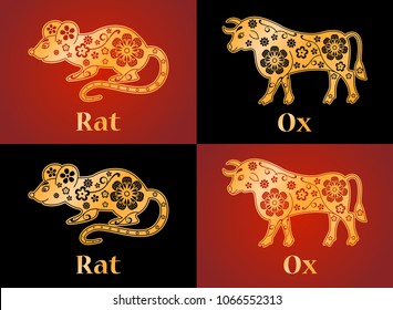 Rat, ox, mouse. Symbols of the Chinese horoscope 2020, 2021 years. Floral gold ornament 