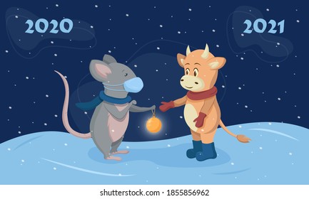 The rat passes the New Year's toy to the bull as a symbol of the new year. Merry Christmas and happy new year 2021. Vector illustration in flat style.