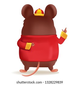 rat personality. rear view. lovely mouse. Zodiac symbol of the year 2020. Chinese New Year, the year of the rat. It is pointing up the hand and smiling. Cheongsam dress Chinese style hat. Vector