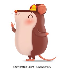 rat personality. side view. lovely mouse. Zodiac symbol of the year 2020. Chinese New Year, the year of the rat. It is pointing up the hand and smiling. Cheongsam dress Chinese style hat. Vector.