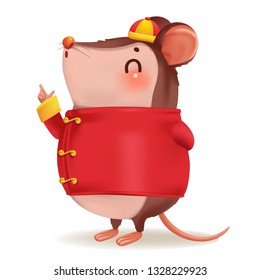 rat personality. side view. lovely mouse. Zodiac symbol of the year 2020. Chinese New Year, the year of the rat. It is pointing up the hand and smiling. Cheongsam dress Chinese style hat. Vector.