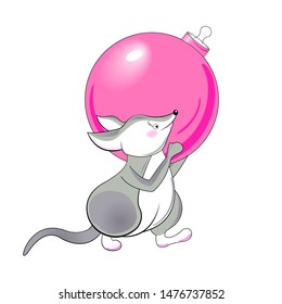 Rat with a pink christmas ball. Christmas character, year of the rat, vector illustration isolated on white background.