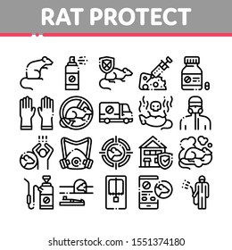 Rat Protect Collection Elements Icons Set Vector Thin Line. Rat Control Service, Human Silhouette And Protective Mask, Gloves And Spray Concept Linear Pictograms. Monochrome Contour Illustrations