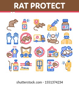 Rat Protect Collection Elements Icons Set Vector Thin Line. Rat Control Service, Human Silhouette And Protective Mask, Gloves And Spray Concept Linear Pictograms. Color Contour Illustrations
