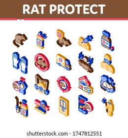 Rat Protect Collection Elements Icons Set Vector. Rat Control Service, Human Silhouette And Protective Mask, Gloves And Spray Isometric Illustrations
