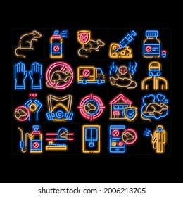 Rat Protect Elements neon light sign vector. Glowing bright icon  Rat Control Service, Human Silhouette And Protective Mask, Gloves And Spray Illustrations