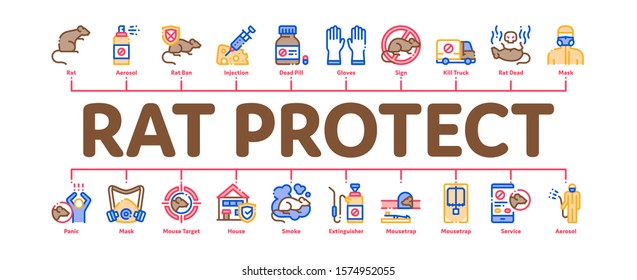 Rat Protect Minimal Infographic Web Banner Vector. Rat Control Service, Human Silhouette And Protective Mask, Gloves And Spray Concept Illustrations
