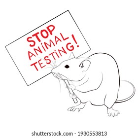 Rat Protesting And Holding Banner Against Animal Tests. Line Art Stop Cruelty Concept.Vector Illustration.