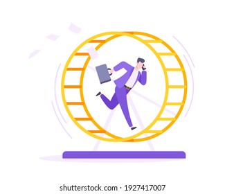 Rat race business concept with businessman running in hamster wheel working hard and always busy flat style design vector illustration. Tired workaholic in the loop routine trying to improve career.
