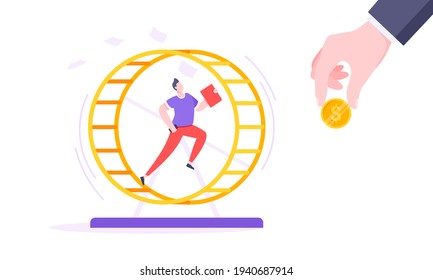 Rat race business concept with businessman running in hamster wheel working hard and always busy