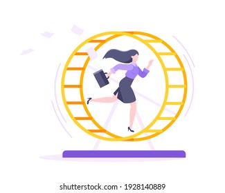 Rat race business concept with businesswoman running in hamster wheel working hard and always busy flat style design vector illustration. Tired workaholic in the loop routine trying to improve career.