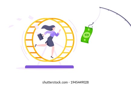 Rat race business concept with businesswoman running after rod dangling dollar in the hamster wheel working hard, always busy flat style design vector illustration. Tired workaholic loop routine.