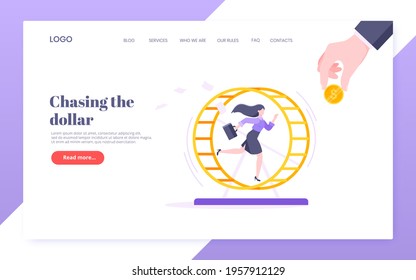 Rat race business concept with businesswoman running in hamster wheel working hard and always busy flat style design vector illustration. Tired workaholic in the loop routine trying to improve career.