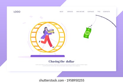 Rat race business concept with businesswoman running after rod dangling dollar in the hamster wheel working hard, always busy flat style design vector illustration. Tired workaholic loop routine.