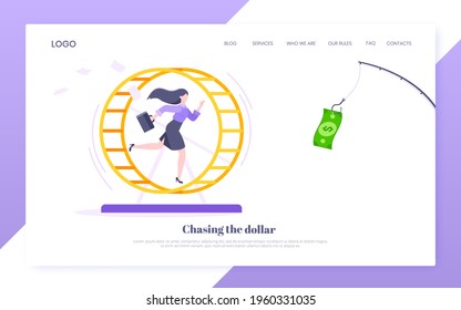 Rat race business concept with businesswoman running after rod dangling dollar in the hamster wheel working hard, always busy flat style design vector illustration. Tired workaholic loop routine.