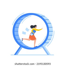 Rat Race Business Concept With Exhausted And Stressed Businesswoman Running In Hamster Wheel Trying To Be On Time With Work. Female Character Run With Documents In Hand. Cartoon Vector Illustration