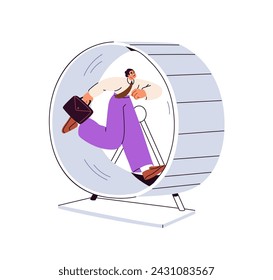 Concepto de carrera de ratas. Hombre de negocios corriendo en la rueda del hámster. Trabajador de oficina cansado y estresado, empleado corriendo en un ciclo de trabajo eterno sin fin. Ilustración vectorial gráfica plana aislada sobre fondo blanco