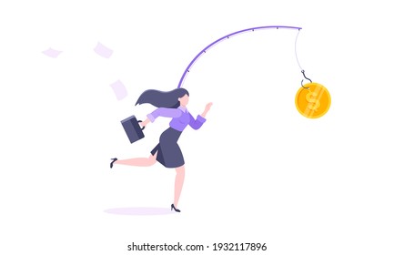 Rat race and money bait business concept with businesswoman running after dangling dollar and trying to catch it working hard and always busy in the loop routine. flat style design vector illustration