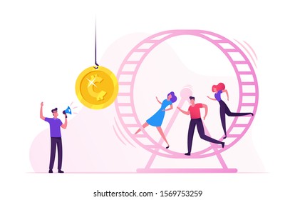 Rat Race. Stressed Businessmen Businesswomen Running In Hamster Wheel Trying To Reach Golden Coin Hanging On Rope In Front Of Them. Man With Megaphone Managing Process. Flat Vector Illustration