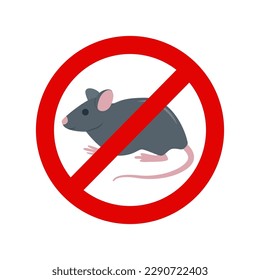 Rat in red forbidding circle. Rat sign, pest control icon, deratization and rodents disinfection service. Rats pest control stop sign, extermination of vermin rodents. Vector illustration