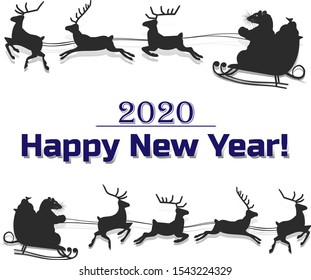 Rat rides on a sleigh pulled by deer, silhouette decoration for 2020, on a white background, vector
