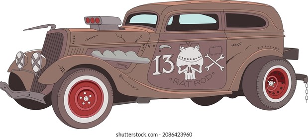 rat rod coupe vector 1930-40s style color and line poster