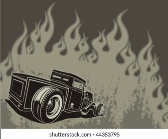 Rat rod on a background with flames. Vector illustration.