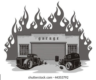 Rat rods garage. Vector illustration.